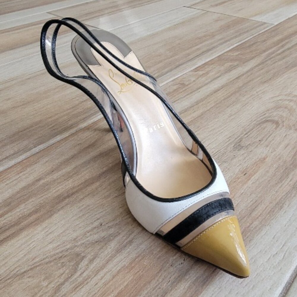 Christian LouBoutin HighWay Beige Black PVC/ Leather Sling Back Shoes Eur.37